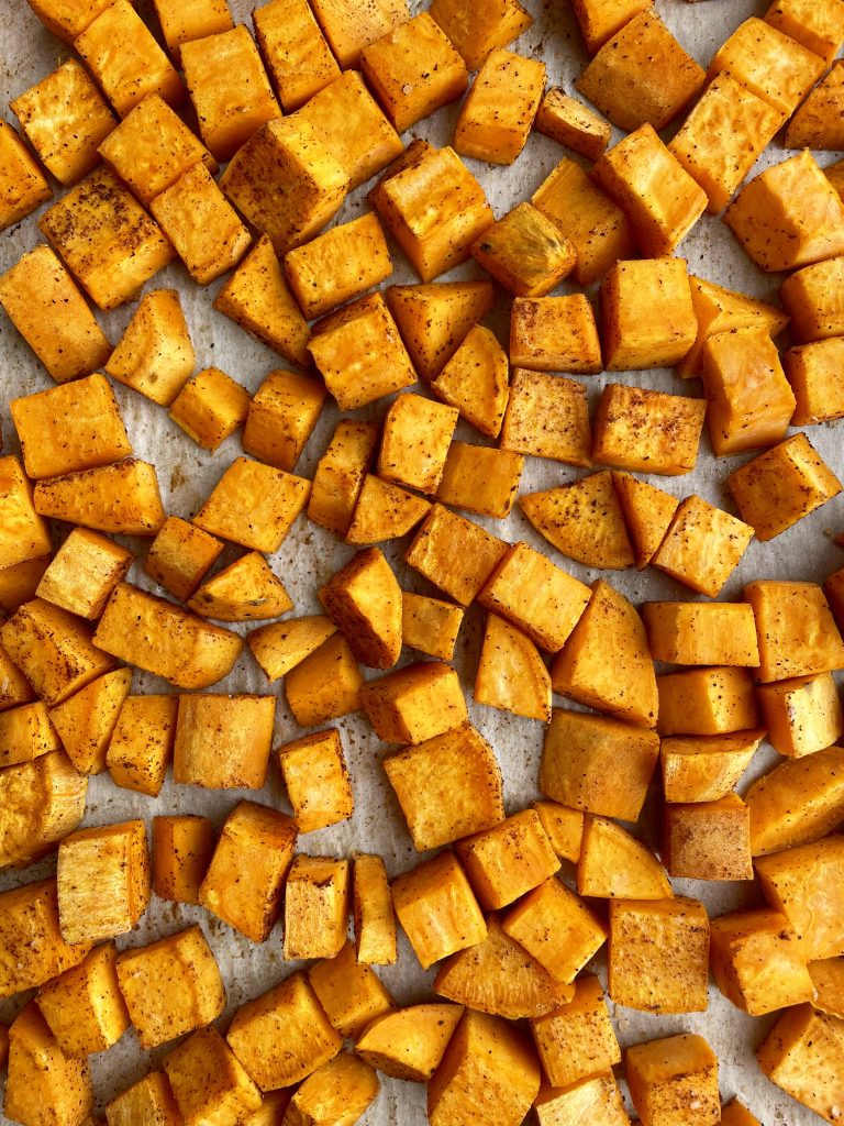 baked sweet potato cubes. How to roast the perfect sweet potatoes.