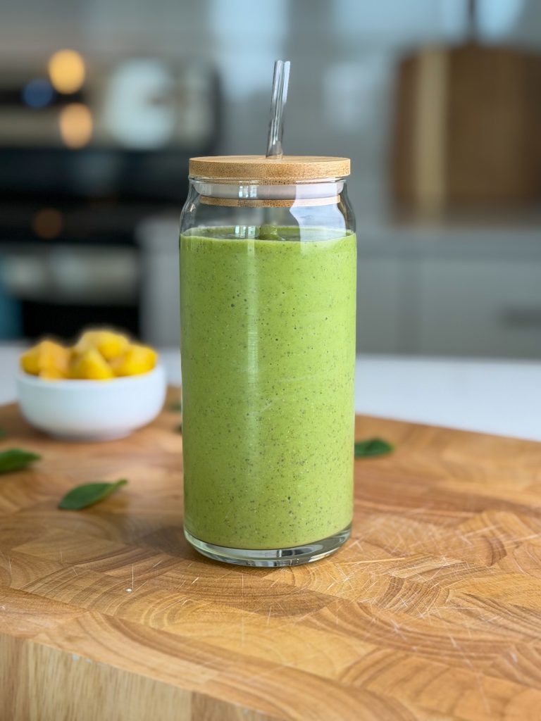 Mango green glow protein smoothie in a tall drinking glass with bamboo lid and straw.